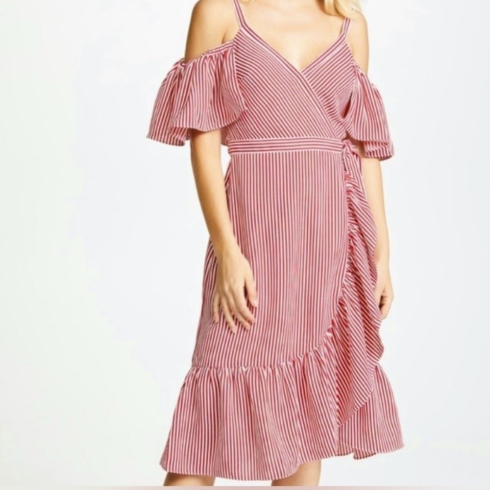 CITY CHIC...Striped Red Wrap Dress..SIZE:M/18